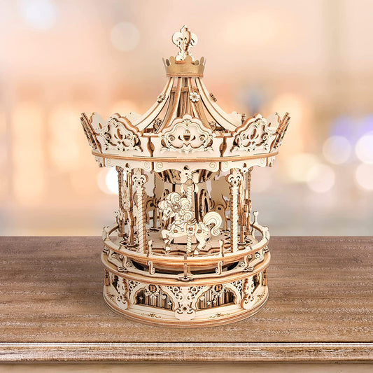 Romantic Carousel Music Box - 3D Wooden Puzzle Building Kit with Rotating Mechanism