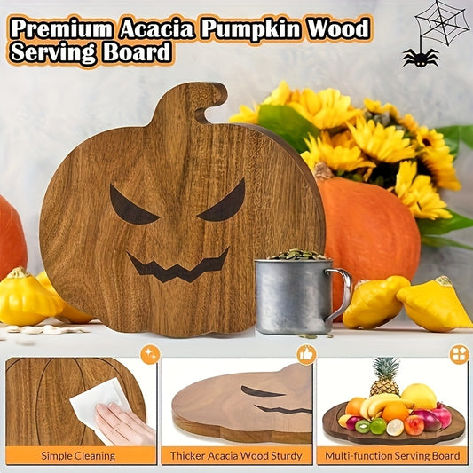 Double-Sided Natural Wood Pumpkin-Shaped Cutting Board - Multi-Functional Cheese & Meat Board With Smiling & Frowning Face Slices, Food-Safe Kitchen Chopping Block For Halloween, Thanksgiving, Christm