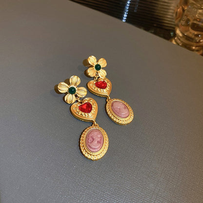 Vintage Round Flower Tassel Earrings, European American Retro Metallic Stud Earrings, Light Luxury Elegant Jewelry