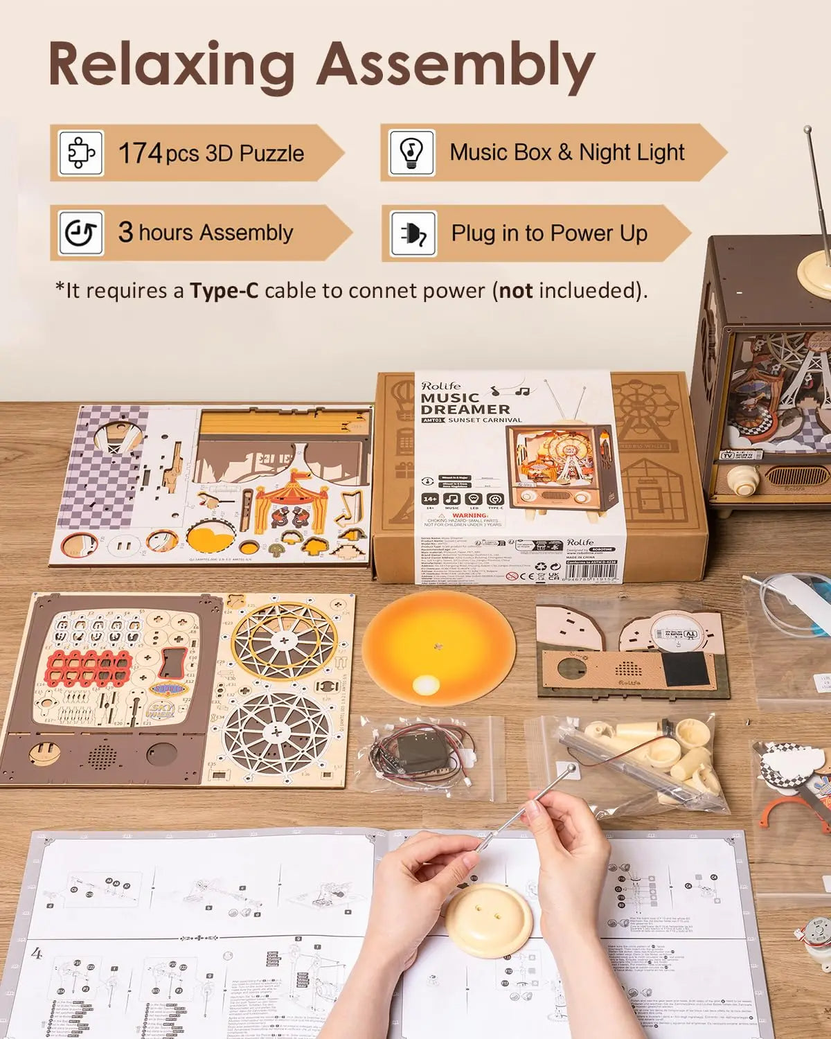 Sunset Carnival Music Box - 3D Wooden Puzzle with Lights & Music