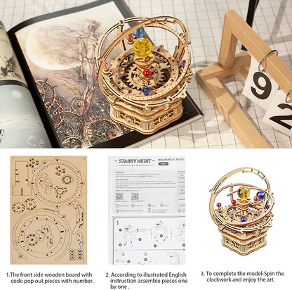 Starry Night Music Box - Rotating Mechanical 3D Wooden Puzzle Assembly Kit
