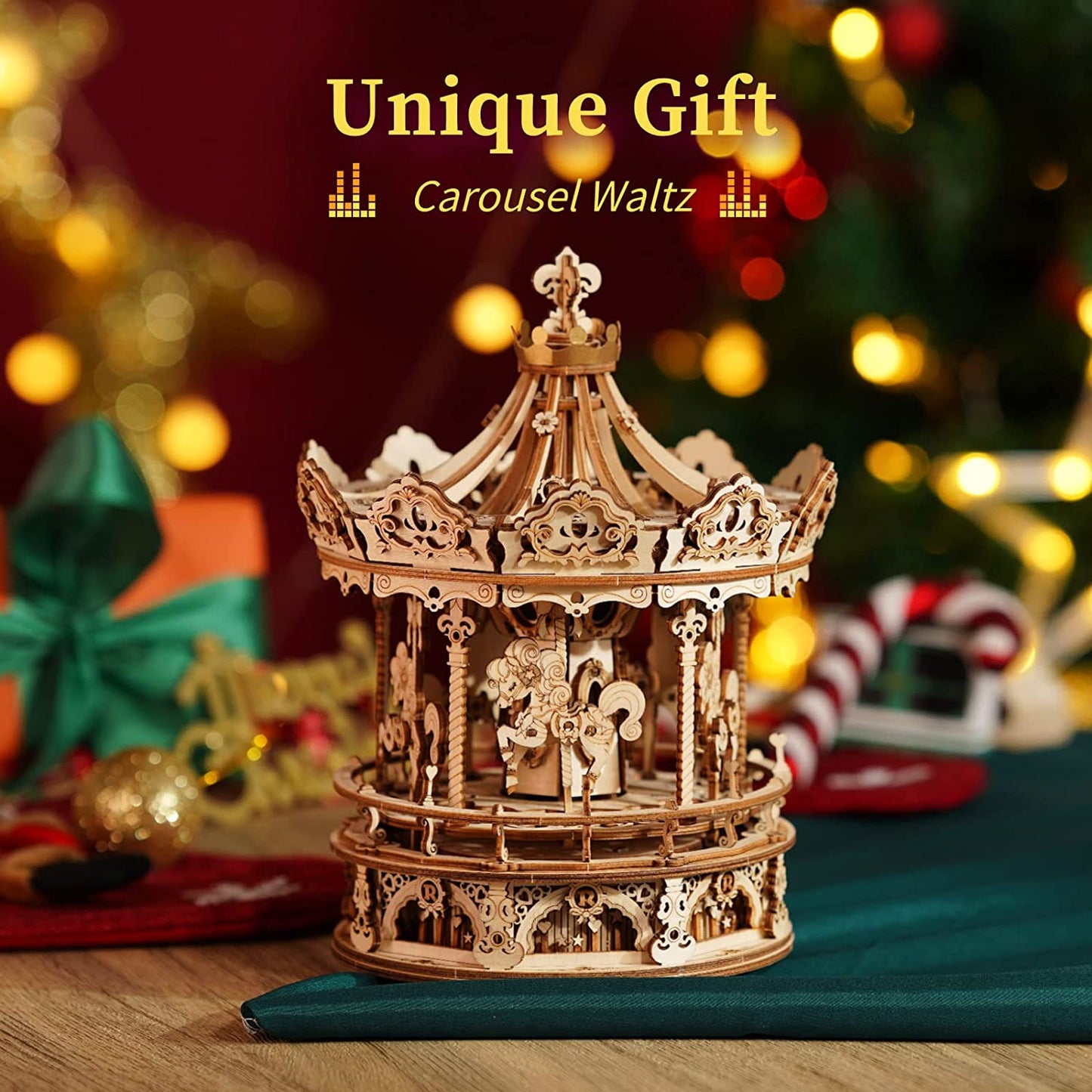 Romantic Carousel Music Box - 3D Wooden Puzzle Building Kit with Rotating Mechanism