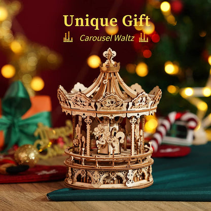 Romantic Carousel Music Box - 3D Wooden Puzzle Building Kit with Rotating Mechanism