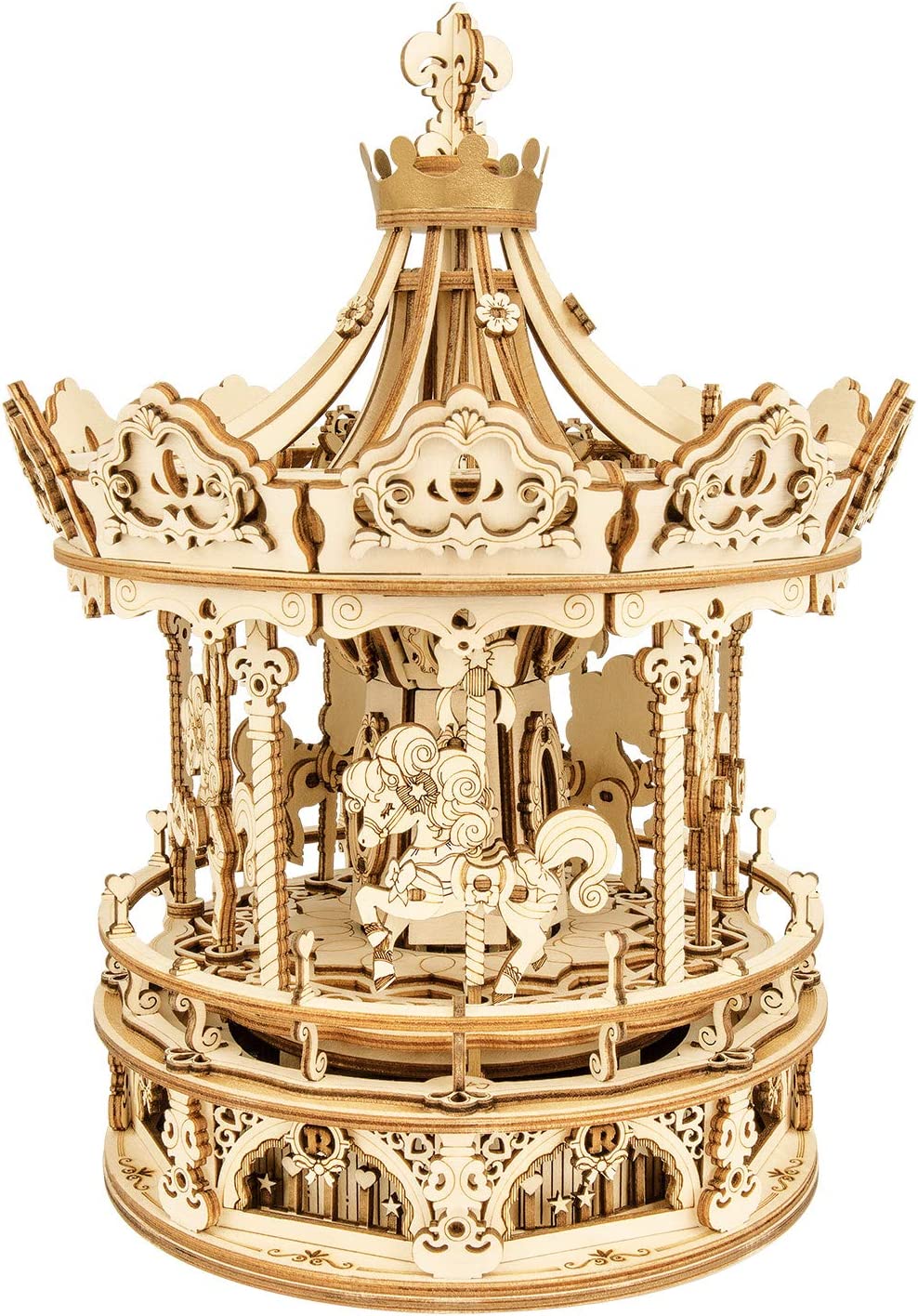 Romantic Carousel Music Box - 3D Wooden Puzzle Building Kit with Rotating Mechanism