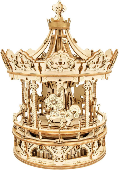 Romantic Carousel Music Box - 3D Wooden Puzzle Building Kit with Rotating Mechanism