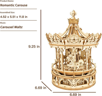 Romantic Carousel Music Box - 3D Wooden Puzzle Building Kit with Rotating Mechanism
