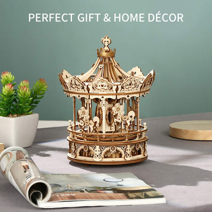 Romantic Carousel Music Box - 3D Wooden Puzzle Building Kit with Rotating Mechanism