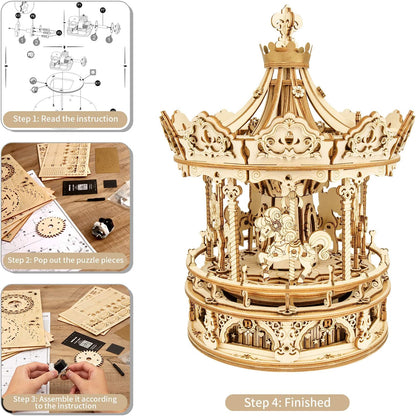Romantic Carousel Music Box - 3D Wooden Puzzle Building Kit with Rotating Mechanism