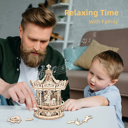 Romantic Carousel Music Box - 3D Wooden Puzzle Building Kit with Rotating Mechanism