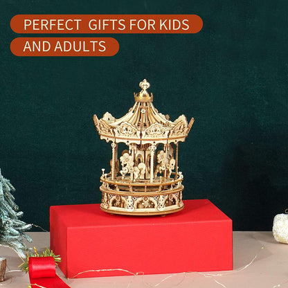 Romantic Carousel Music Box - 3D Wooden Puzzle Building Kit with Rotating Mechanism