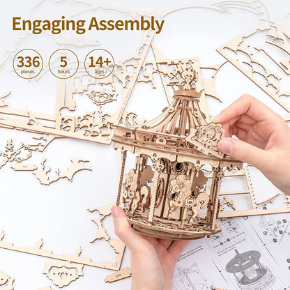 Romantic Carousel Music Box - 3D Wooden Puzzle Building Kit with Rotating Mechanism
