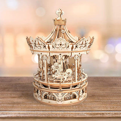 Romantic Carousel Music Box - 3D Wooden Puzzle Building Kit with Rotating Mechanism