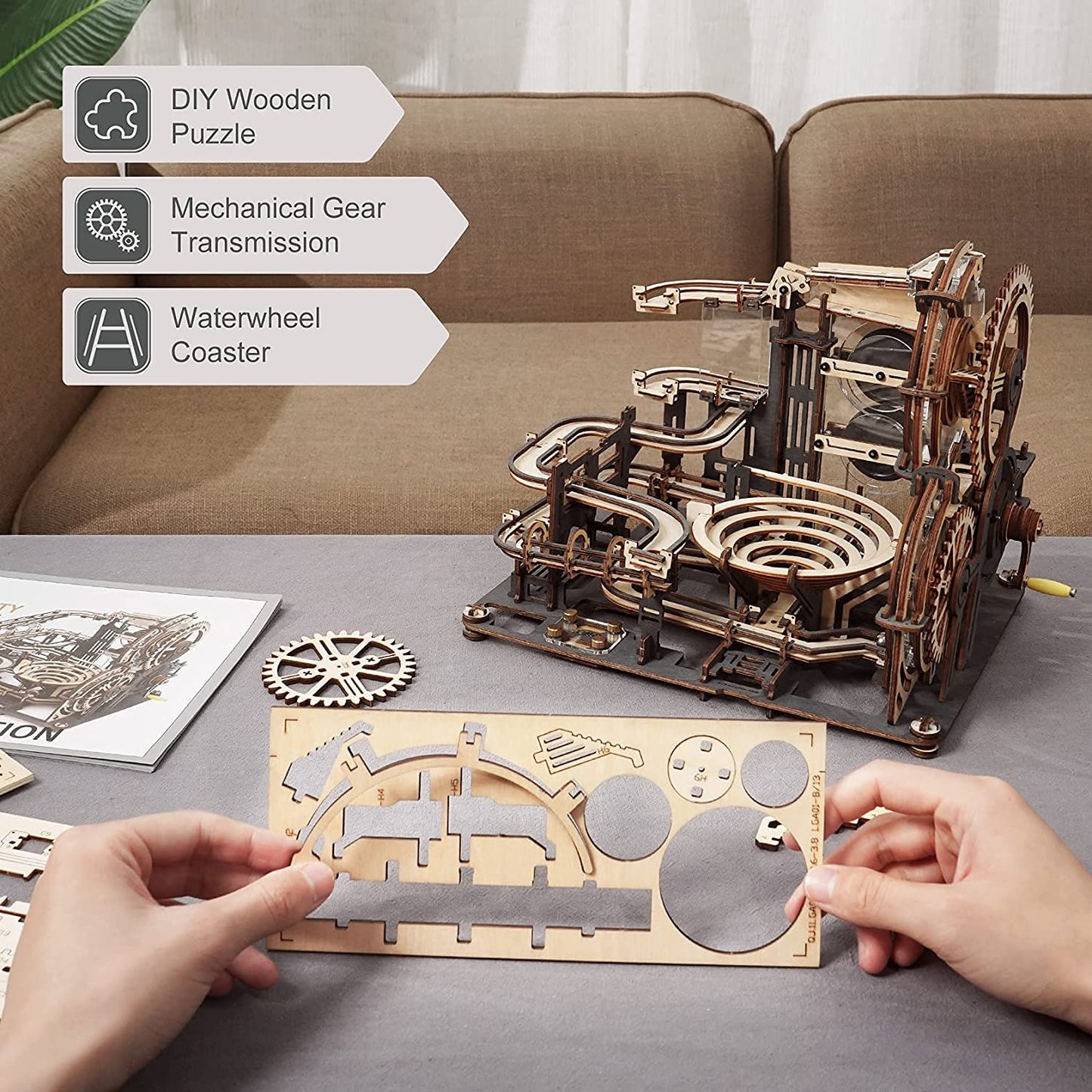 Marble Night City 3D Wooden Puzzle - Waterwheel Model Assembly Kit for Kids