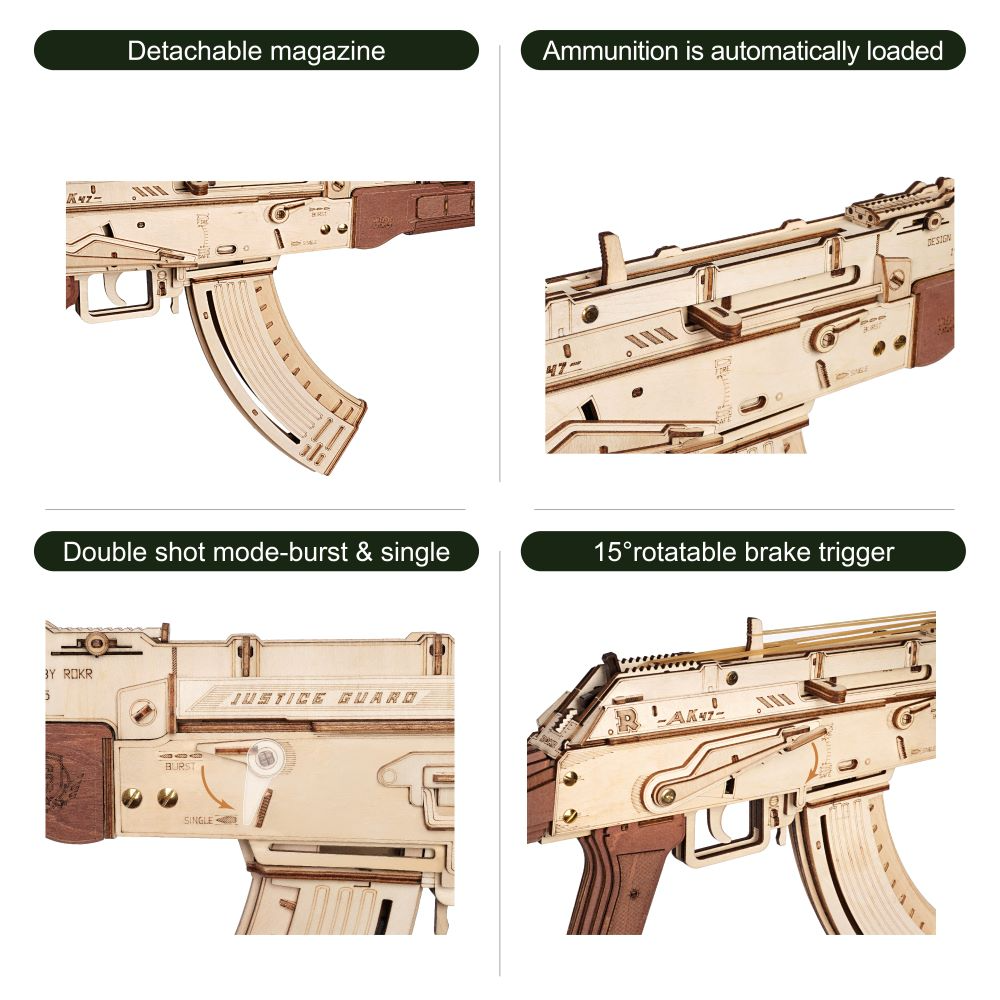 Wooden Puzzle Gun AK-47 - DIY Assembly Model Kit with Firing Mechanism
