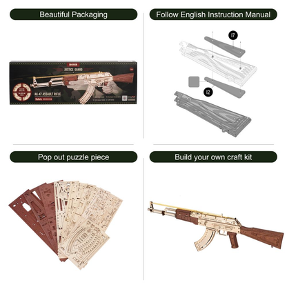 Wooden Puzzle Gun AK-47 - DIY Assembly Model Kit with Firing Mechanism