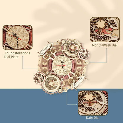 Time Art Zodiac Wall Clock - 3D Wooden Puzzle Building Kit for Kids