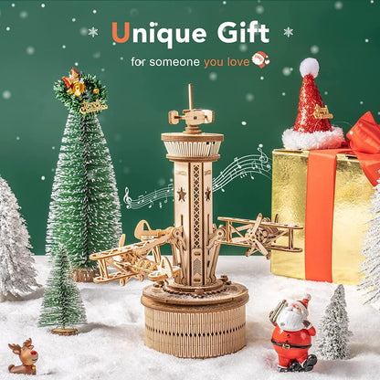Airplane Control Tower Music Box - 3D Wooden Puzzle Building Kit for Adults