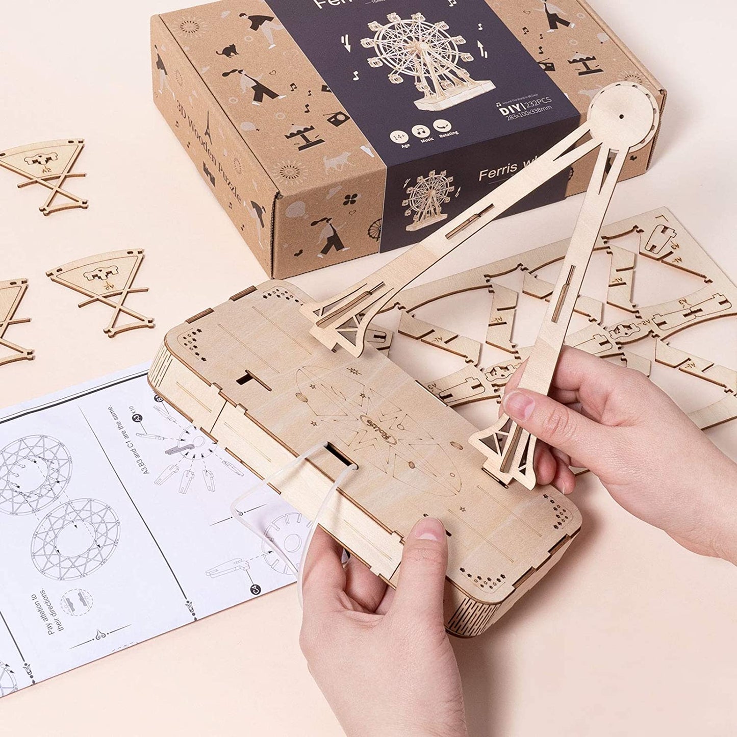 Wooden Ferris Wheel Music Box - DIY 3D Puzzle Model Kit for Kids & Adults