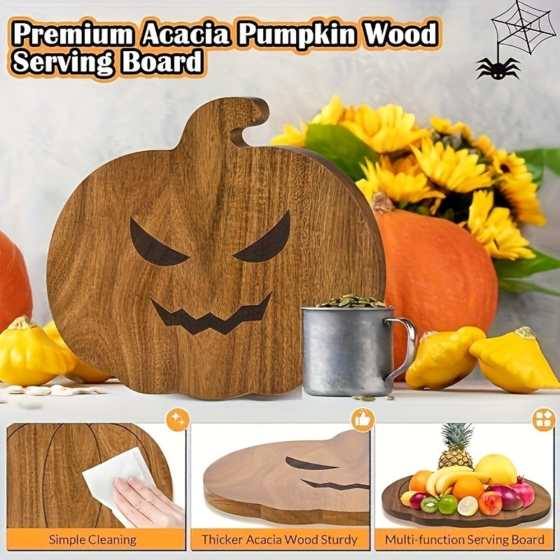 Double-Sided Natural Wood Pumpkin-Shaped Cutting Board - Multi-Functional Cheese & Meat Board With Smiling & Frowning Face Slices, Food-Safe Kitchen Chopping Block For Halloween, Thanksgiving, Christm