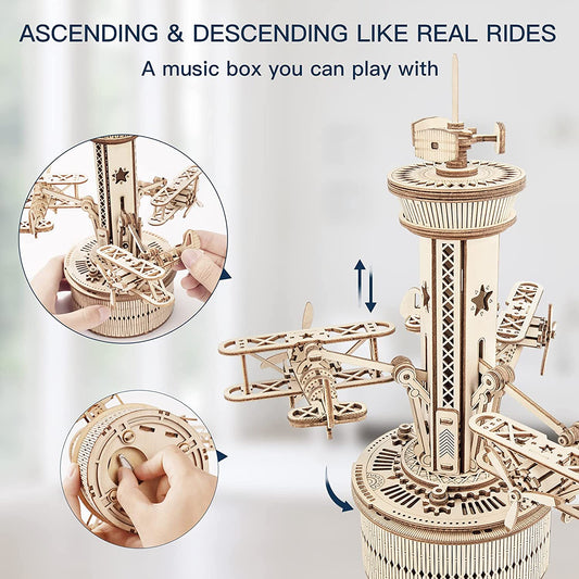 Airplane Control Tower Music Box - 3D Wooden Puzzle Building Kit for Adults