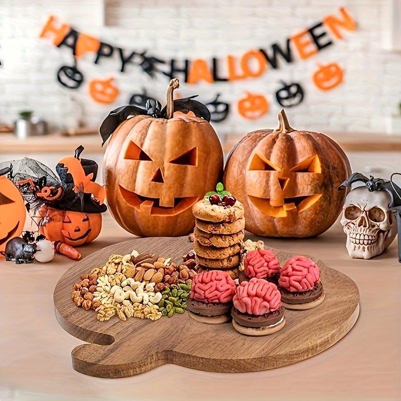 Double-Sided Natural Wood Pumpkin-Shaped Cutting Board - Multi-Functional Cheese & Meat Board With Smiling & Frowning Face Slices, Food-Safe Kitchen Chopping Block For Halloween, Thanksgiving, Christm