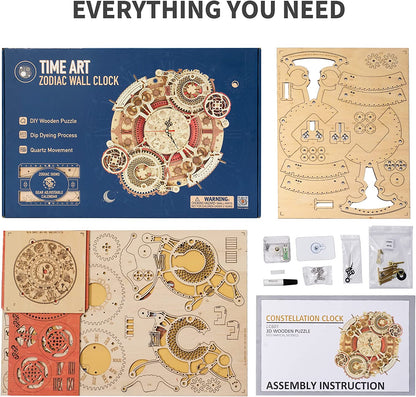 Time Art Zodiac Wall Clock - 3D Wooden Puzzle Building Kit for Kids