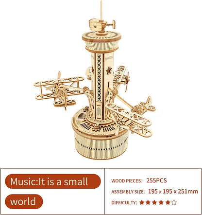 Airplane Control Tower Music Box - 3D Wooden Puzzle Building Kit for Adults