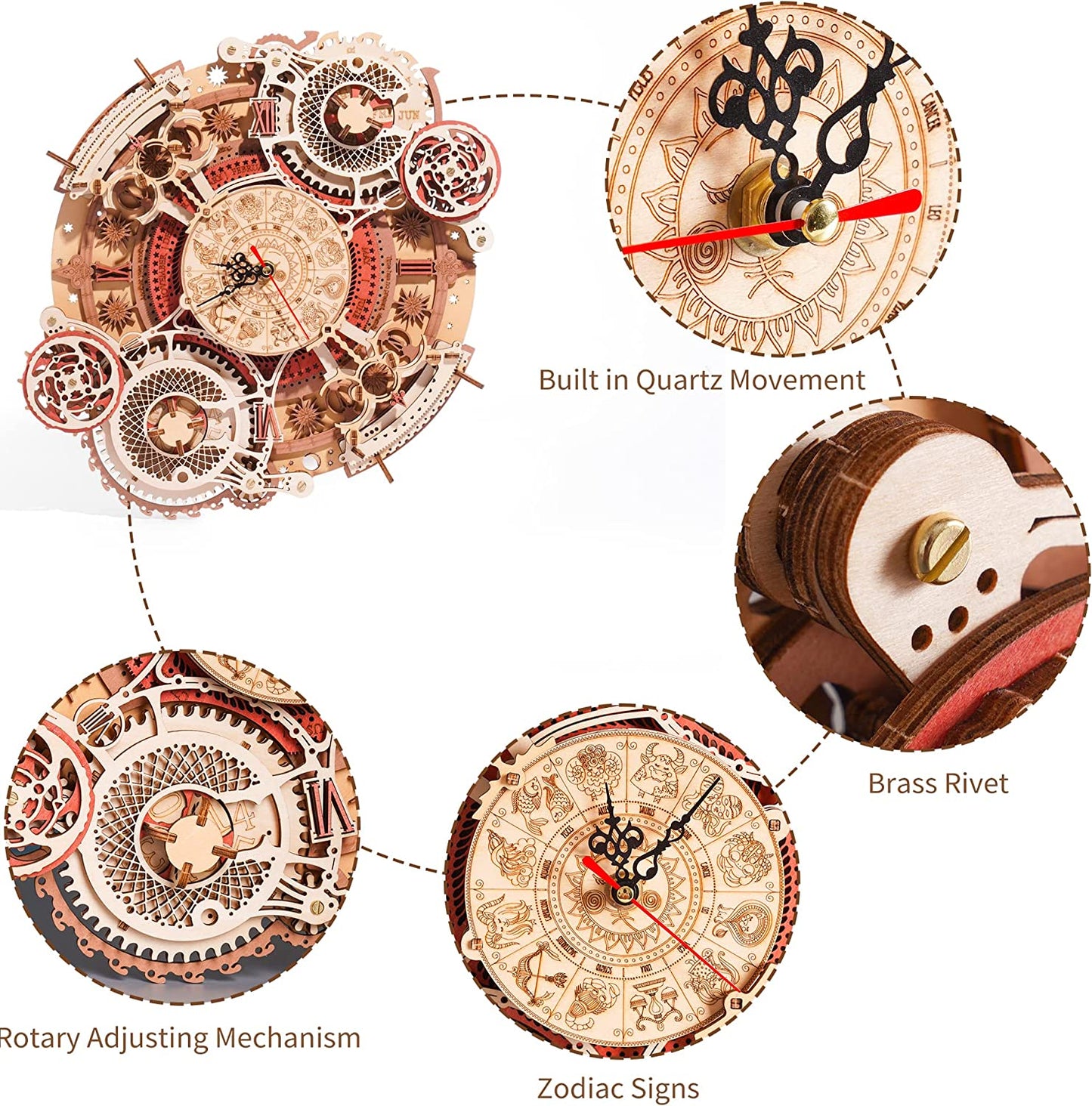 Time Art Zodiac Wall Clock - 3D Wooden Puzzle Building Kit for Kids