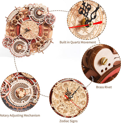 Time Art Zodiac Wall Clock - 3D Wooden Puzzle Building Kit for Kids