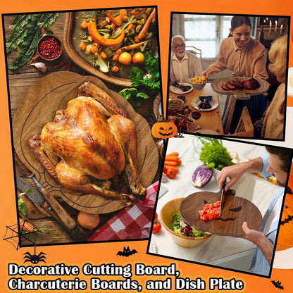 Double-Sided Natural Wood Pumpkin-Shaped Cutting Board - Multi-Functional Cheese & Meat Board With Smiling & Frowning Face Slices, Food-Safe Kitchen Chopping Block For Halloween, Thanksgiving, Christm