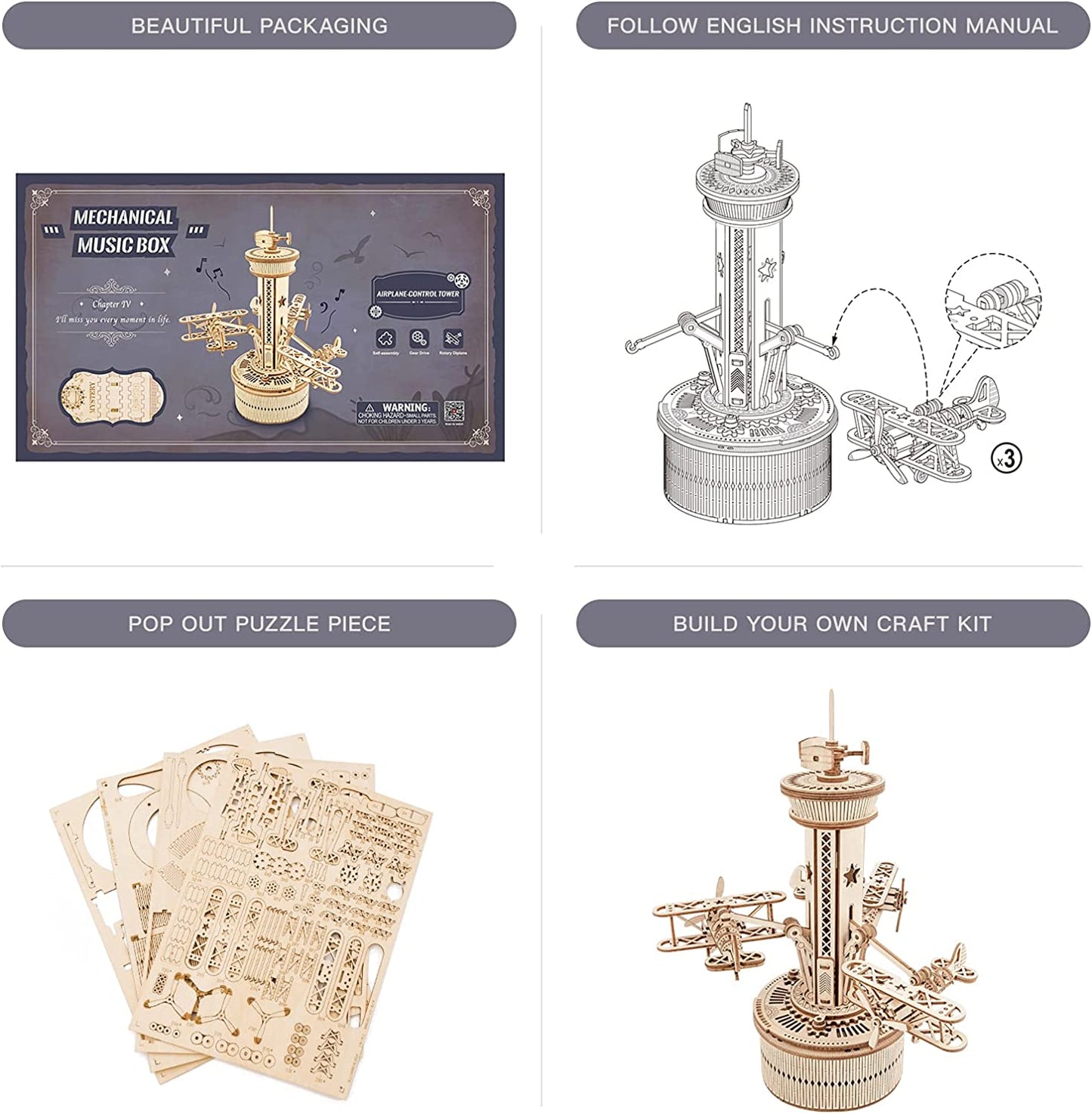 Airplane Control Tower Music Box - 3D Wooden Puzzle Building Kit for Adults