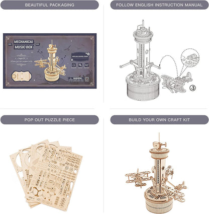 Airplane Control Tower Music Box - 3D Wooden Puzzle Building Kit for Adults