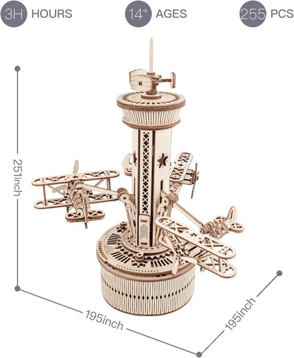 Airplane Control Tower Music Box - 3D Wooden Puzzle Building Kit for Adults