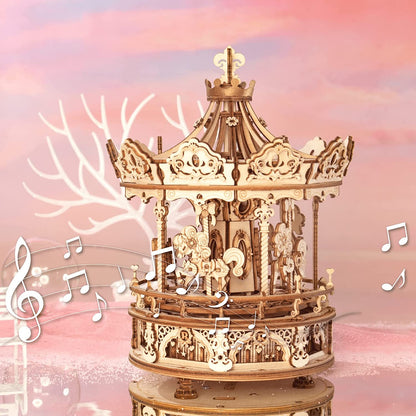 Romantic Carousel Music Box - 3D Wooden Puzzle Building Kit with Rotating Mechanism