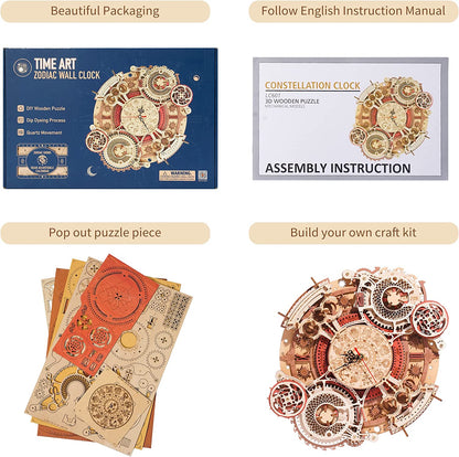 Time Art Zodiac Wall Clock - 3D Wooden Puzzle Building Kit for Kids